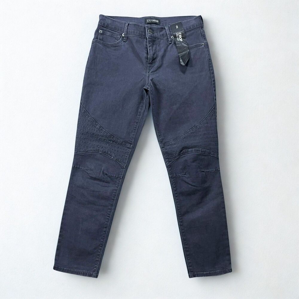 Express Jeans Womens 2 Skinny Crop Mid Rise Stretch Moto Dark Gray Denim NWT